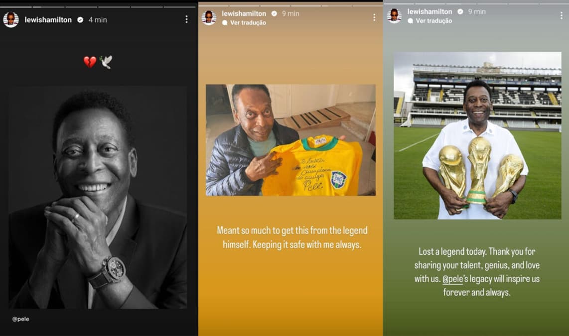 Lewis Hamilton homenageou Pelé com uma série de postagens (Foto: Reprodução)